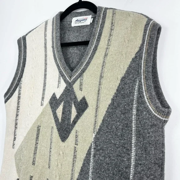Vintage 80s oversized boxy wooly abstract argyle v neck pull over grandpa vest - Picture 8 of 12